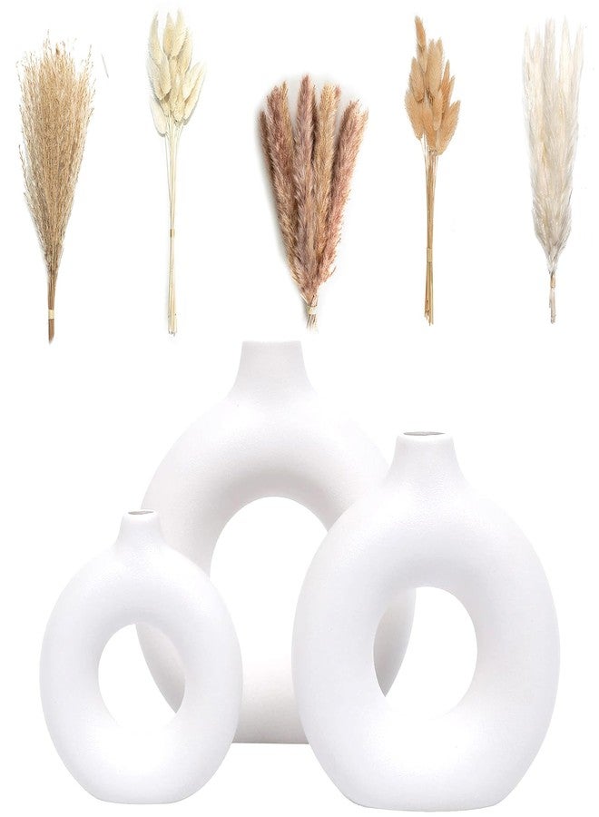 VELOVA Set of 3 White Ceramic Vase with 65 PCS Dried Pampas Grass Flowers Aesthetic Boho Modern Small Round Cute Vases for Decor Living Room Coffee Table Shelf Bedroom Office Desk Home Gifts Women Mom - Image 1